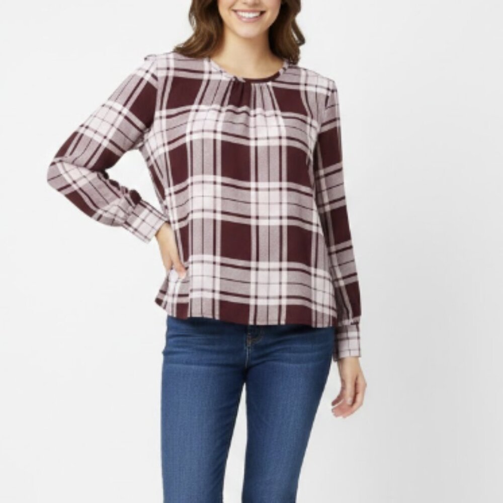 Ann Taylor size XL Purple Plaid Round Neck Long Sleeve Preppy‎ Office Blouse